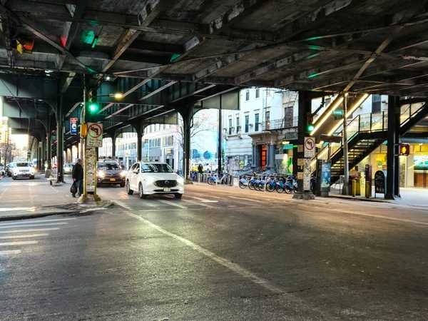 31st Street under the elevated N/W train at the Broadway station in Astoria